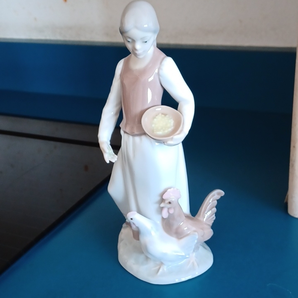 Vintage Grafenthal Girl Feeding Rooster Figurine, porcelain